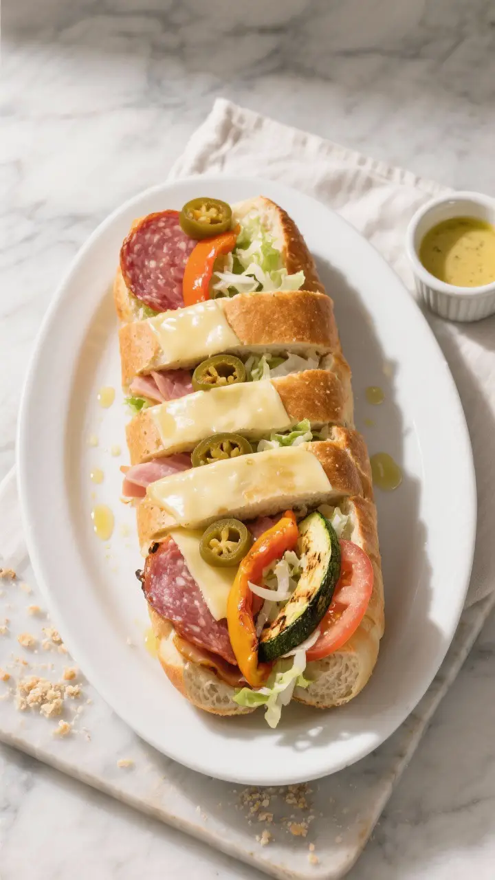 Tasty top view final presentation: Overhead shot of the fully assembled Italian Sub with Roasted Veg