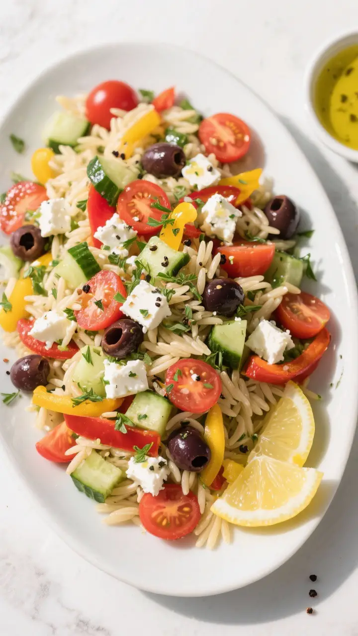 Tasty top view final presentation: Overhead shot of a vibrant Greek Orzo Salad piled in a wide, shal
