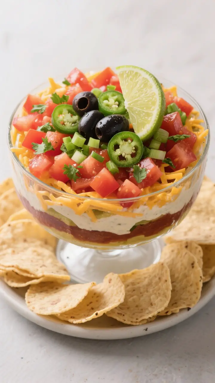 Tasty top-view final presentation: Overhead shot of the finished Seven Layer Dip in a trifle bowl fo