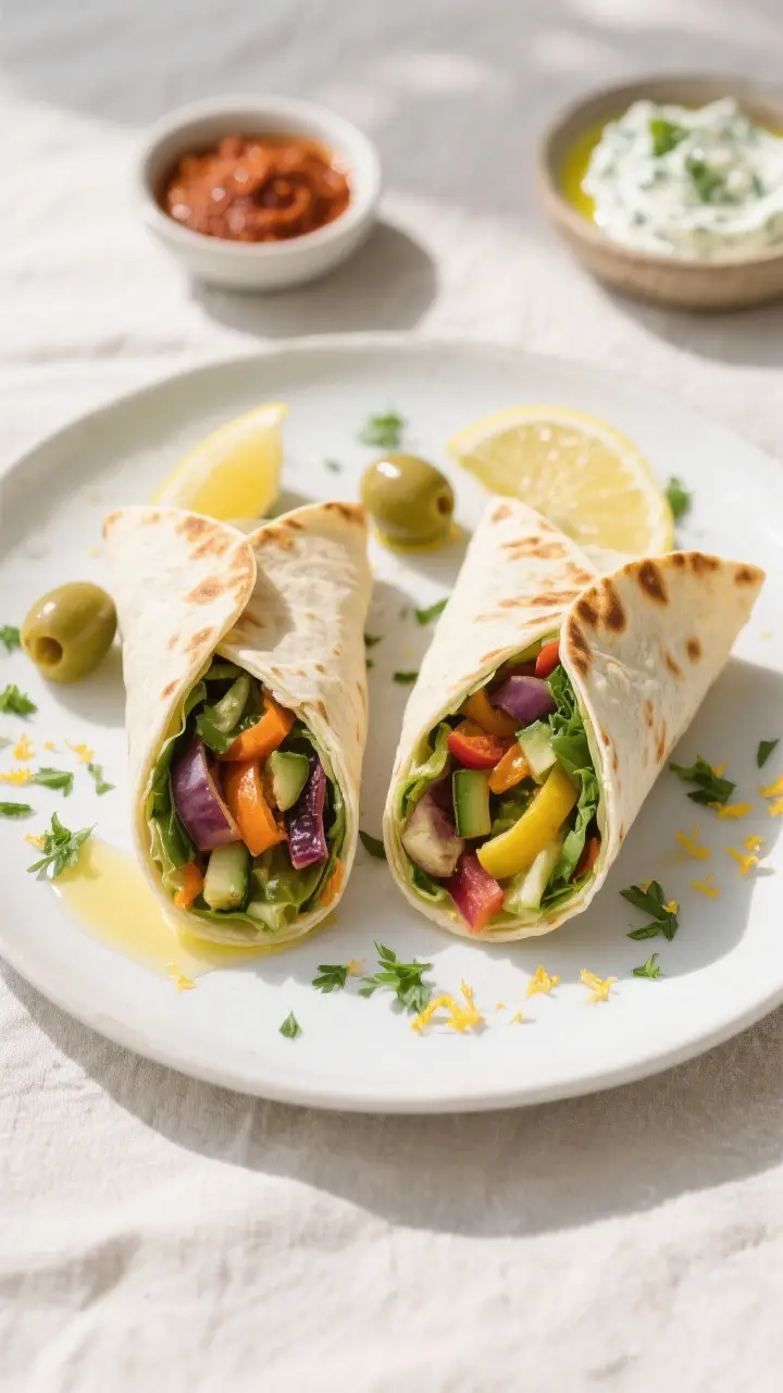 Tasty top view final presentation: Overhead shot of two halved Mediterranean veggie wraps, seam-side