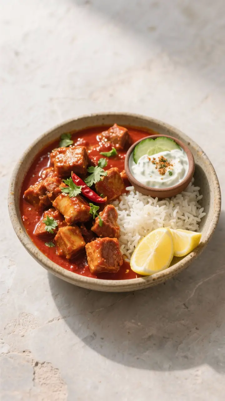 Tasty top view — hearty serving with sides: Overhead shot of a rustic bowl of Pork Vindaloo, thick