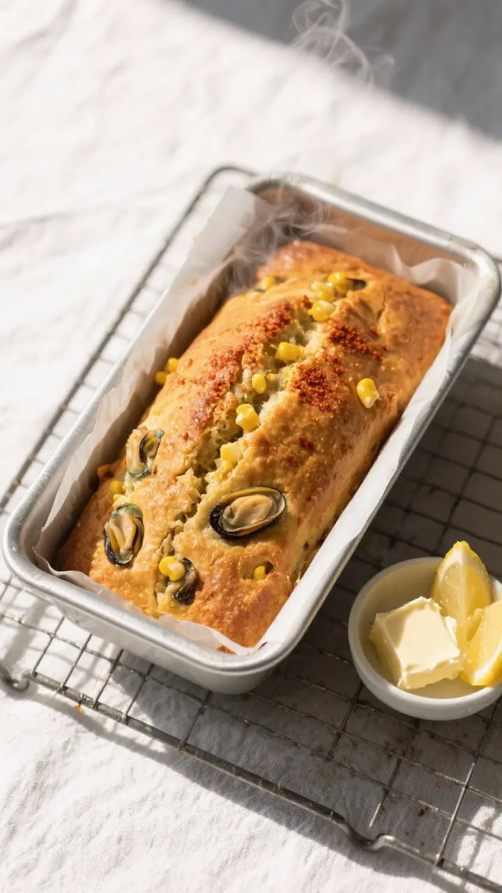 Tasty top view, in-pan bake: Overhead shot of the freshly baked mussel and mielie loaf still in a pa