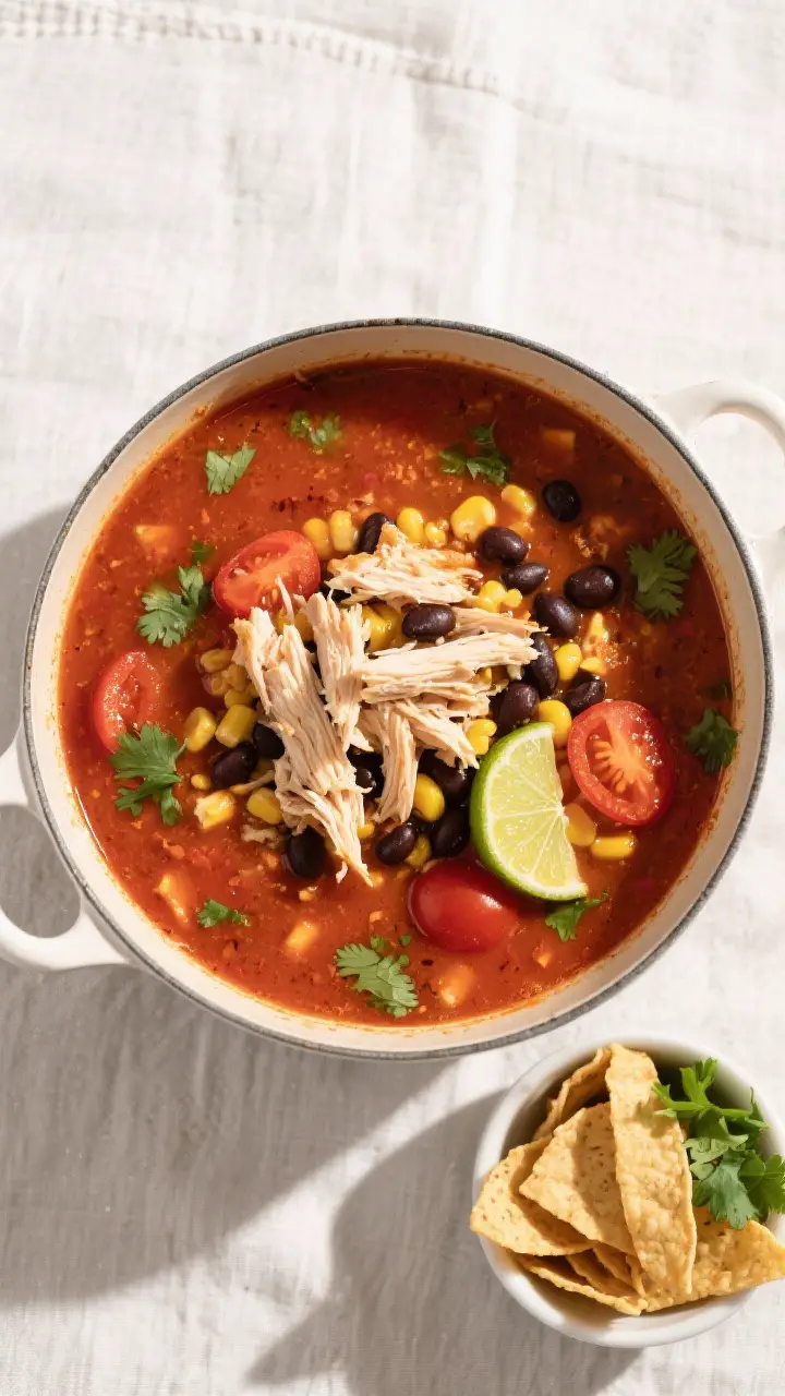 Tasty top view (overhead): A vibrant pot of chicken tortilla soup at a gentle simmer, overhead shot 