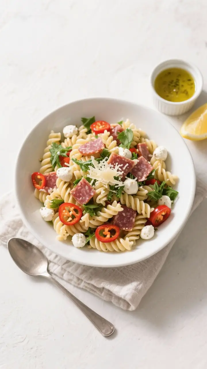 Tasty top view, overhead: Classic Italian pasta salad fully assembled and chilled, spread in a low,