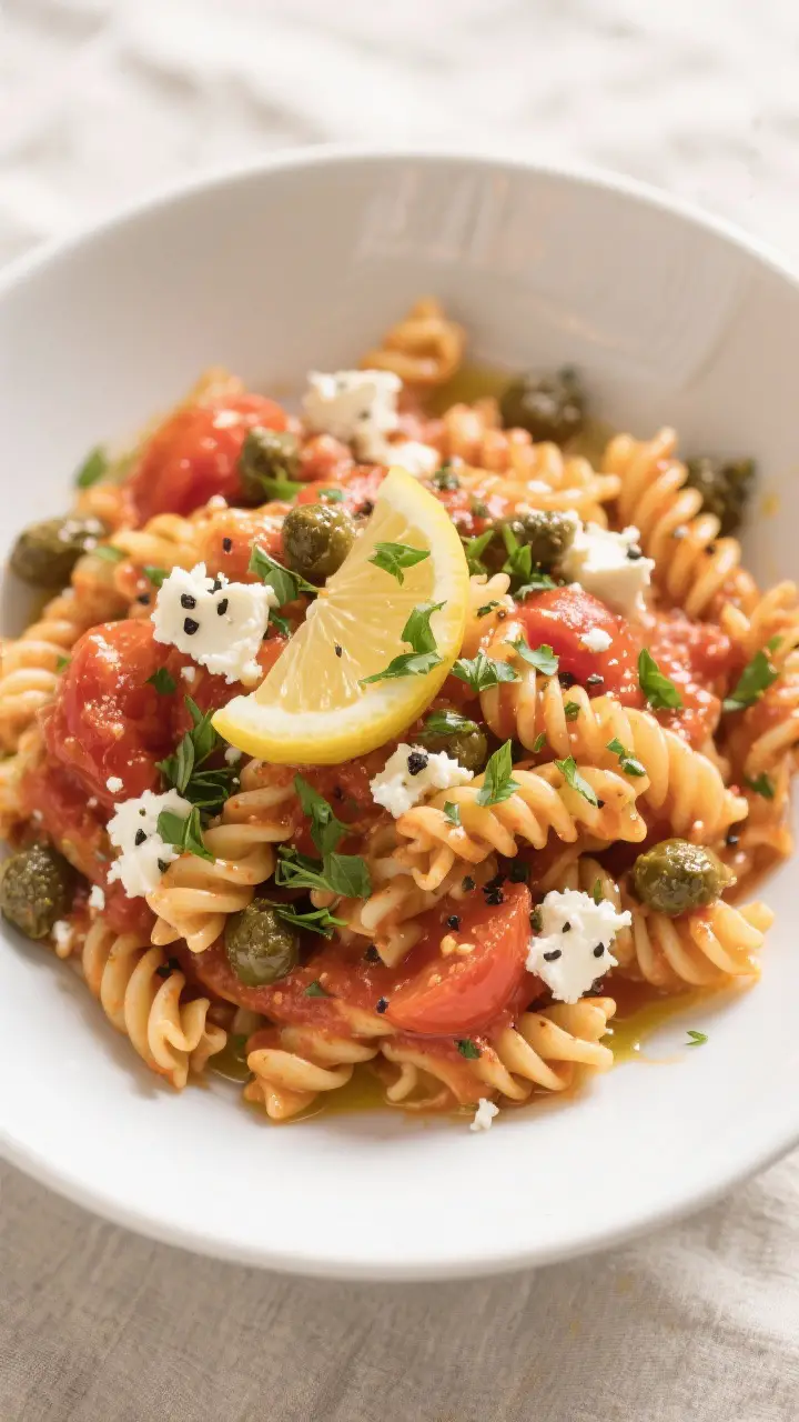 Tasty top view, overhead: Overhead shot of Greek pasta (fusilli) just tossed with the juicy tomato-o