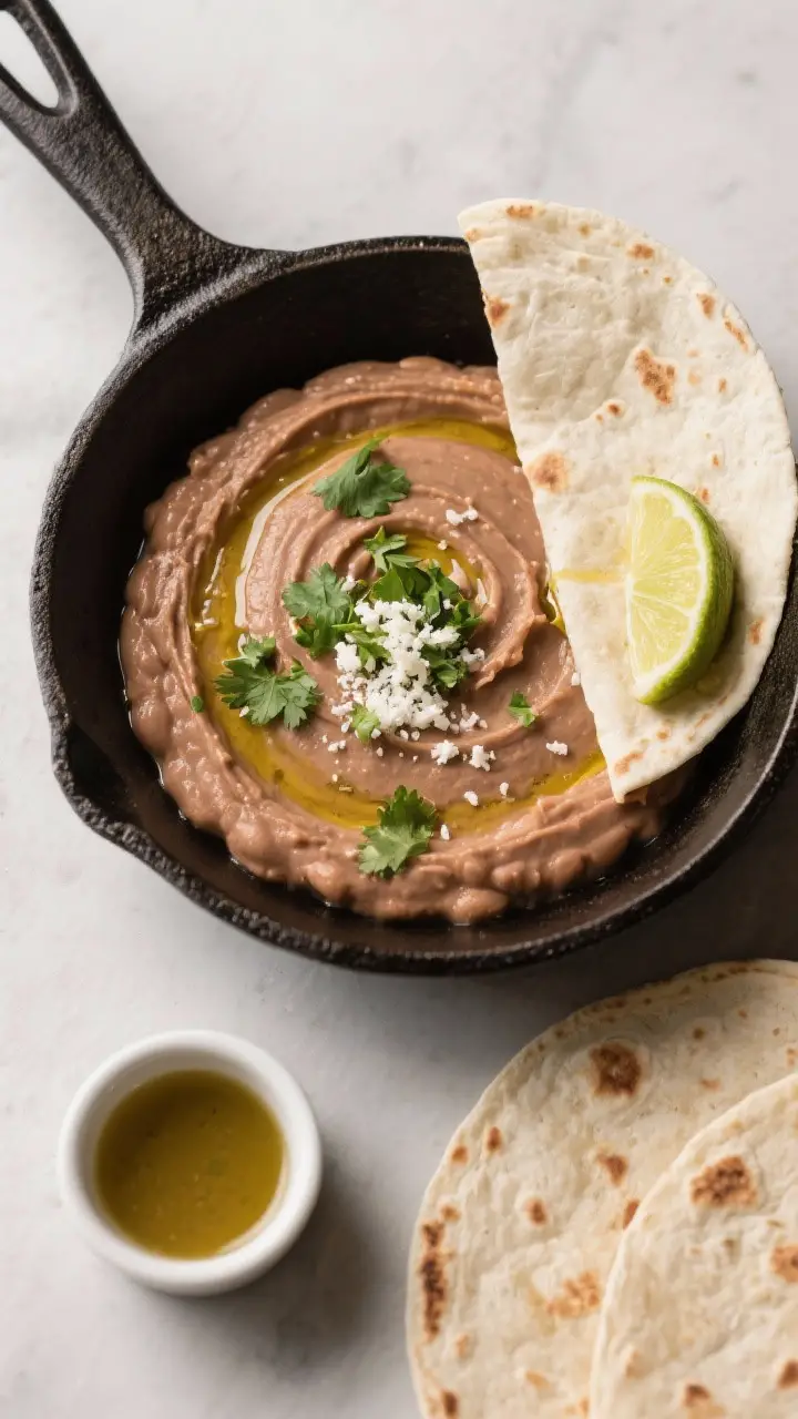 Tasty top view, overhead: Overhead shot of smooth, spreadable refried beans swirled in a cast-iron s