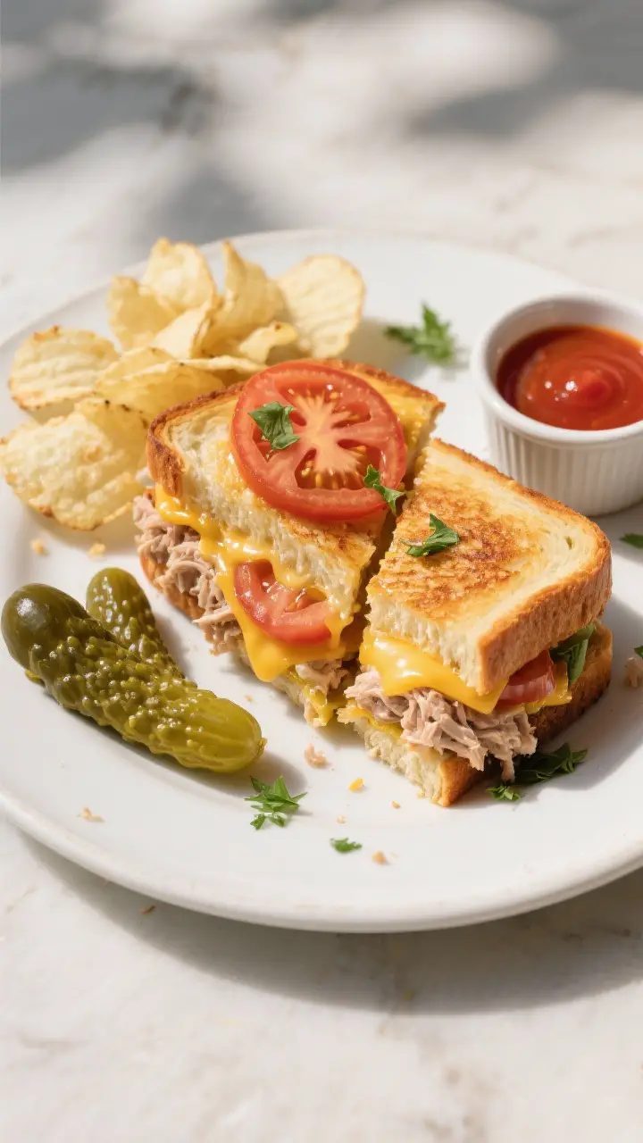Tasty top view, overhead shot: Finished tuna melt with tomato sliced on the bias, cheese oozing at t