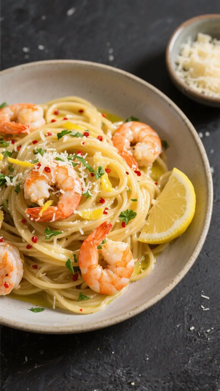 Tasty top view, overhead shot: Glossy linguine tossed with garlic butter sauce, plump shrimp nestled