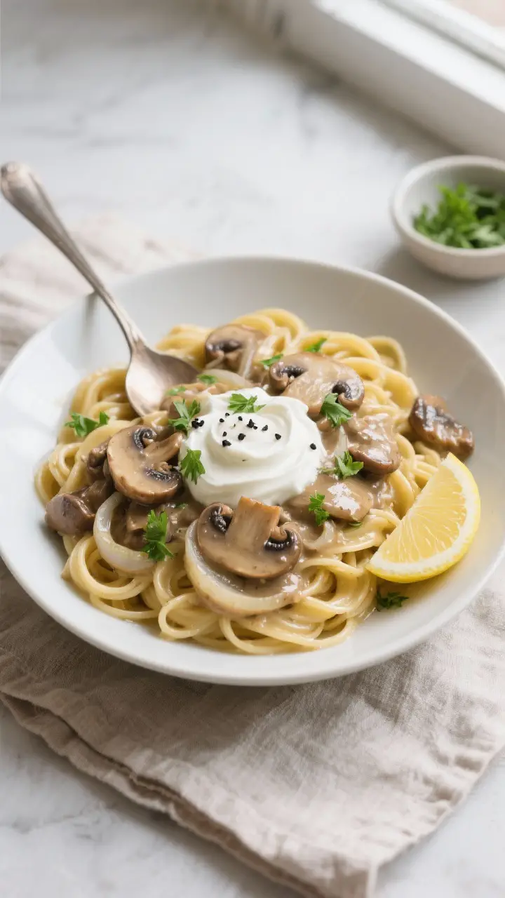 Tasty top view, overhead shot: Mushroom stroganoff spooned over wide egg noodles in a matte white sh