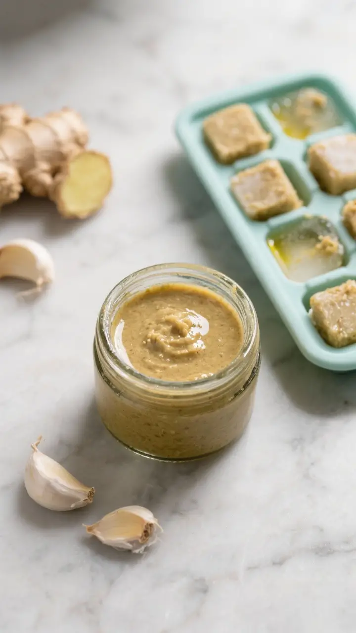 Tasty top view: Overhead shot of a batch of finished ginger-garlic paste smoothed in a small glass j