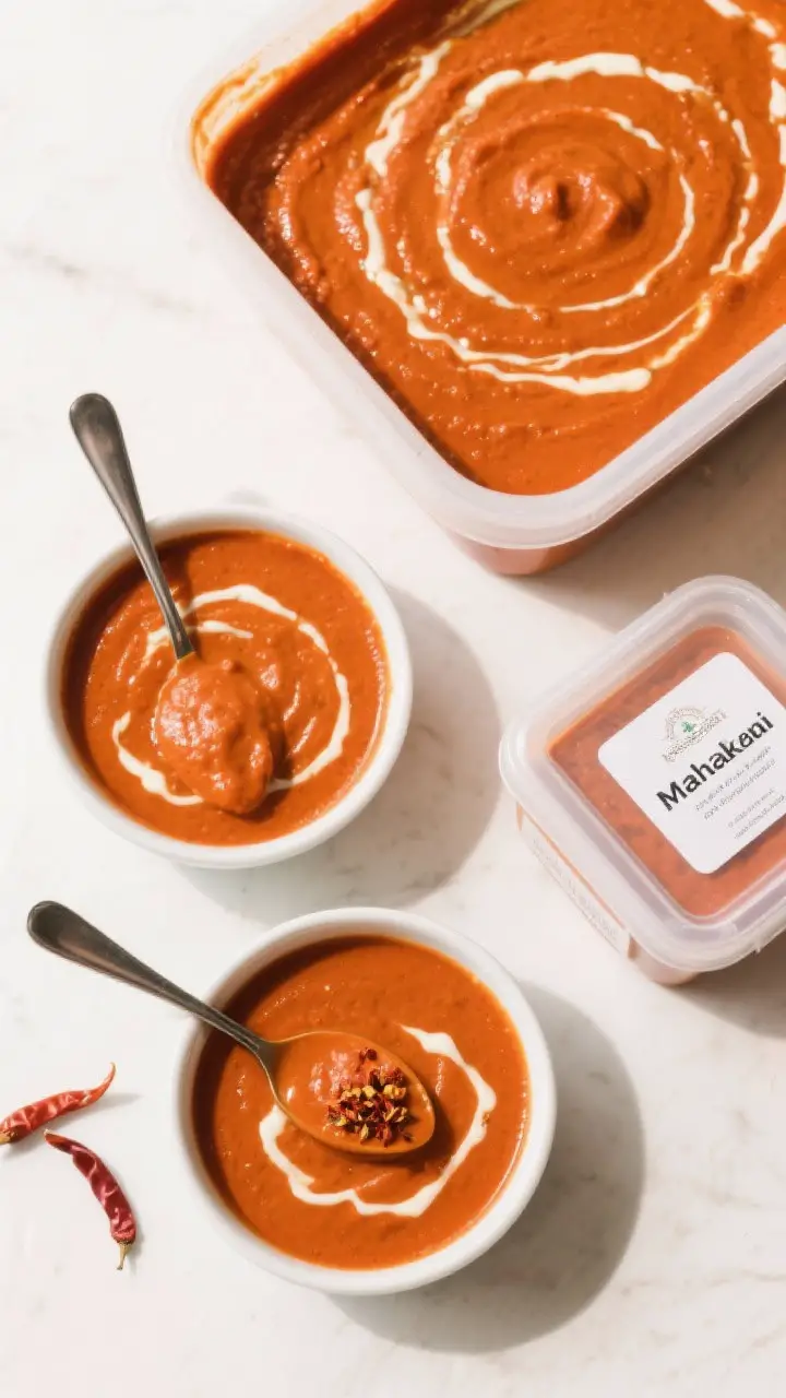 Tasty top view: Overhead shot of a big-batch makhani gravy portioned for storage—two shallow bowls