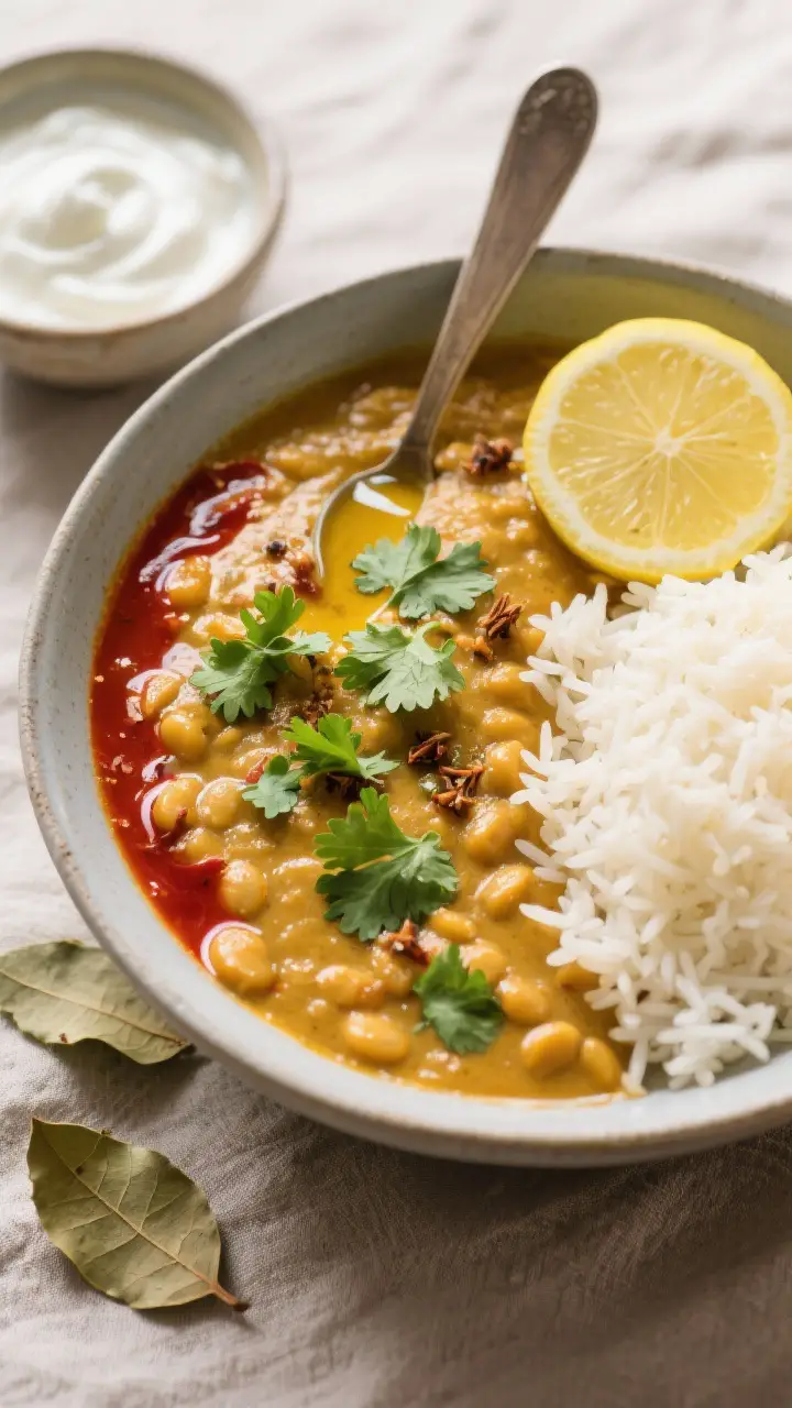 Tasty top view: Overhead shot of a bowl of finished tadka dal, silky and spoonable, garnished with c