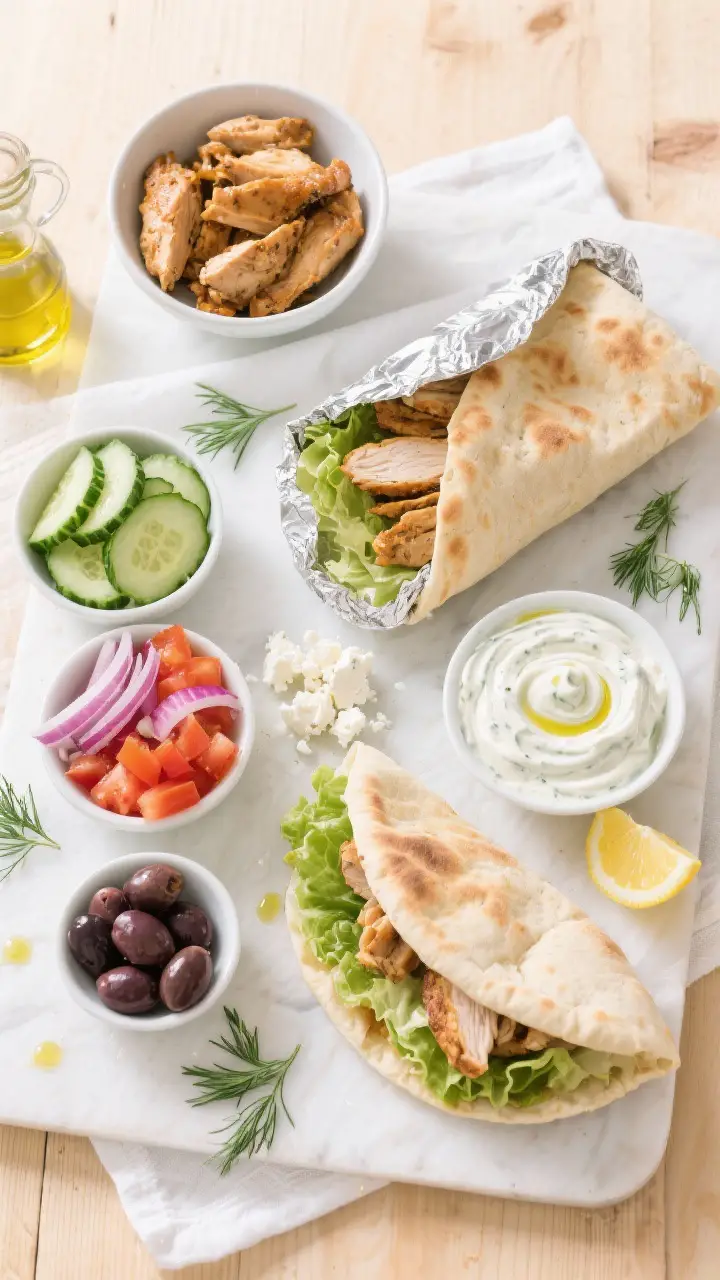 Tasty top view: Overhead shot of a build-your-own Greek Chicken Pita Pocket spread—warm pocket pit