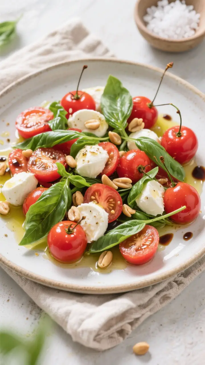 Tasty top view: Overhead shot of a Cherry Caprese variation—halved cherry tomatoes and ciliegine m