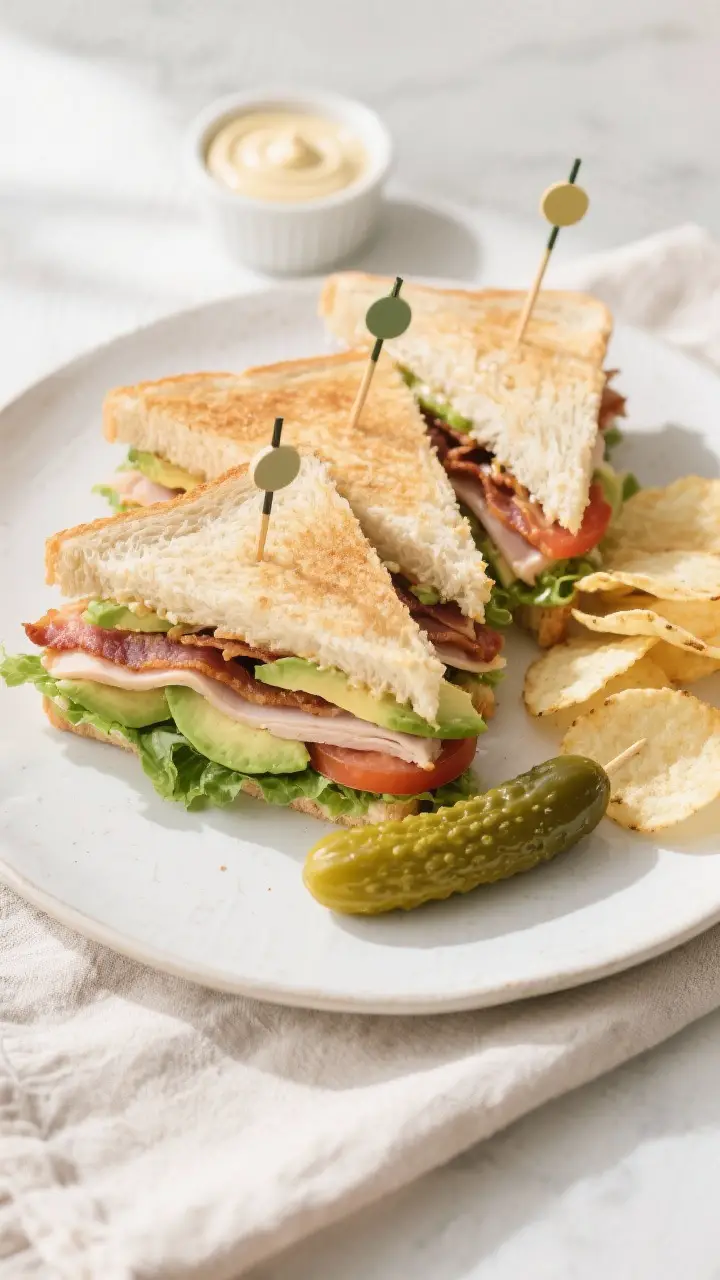 Tasty top view: Overhead shot of a classic club-style presentation—Turkey Avocado Club cut into tr