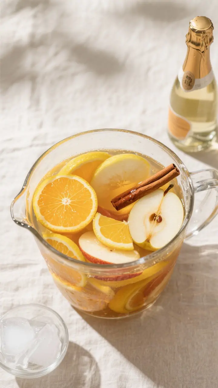 Tasty top view: Overhead shot of a clear sangria pitcher filled with the prepared sangria base and f
