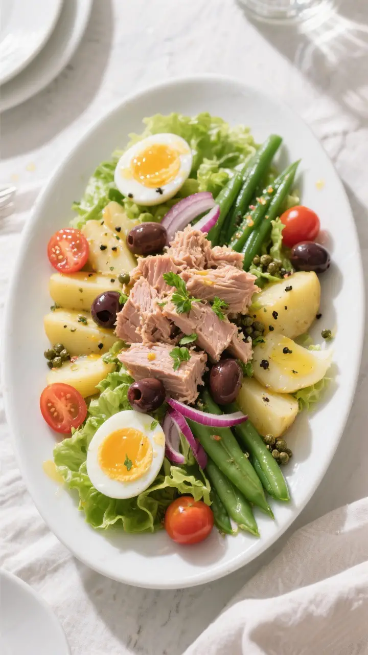 Tasty top view: Overhead shot of a composed Tuna Niçoise Salad on a wide white platter—butter let