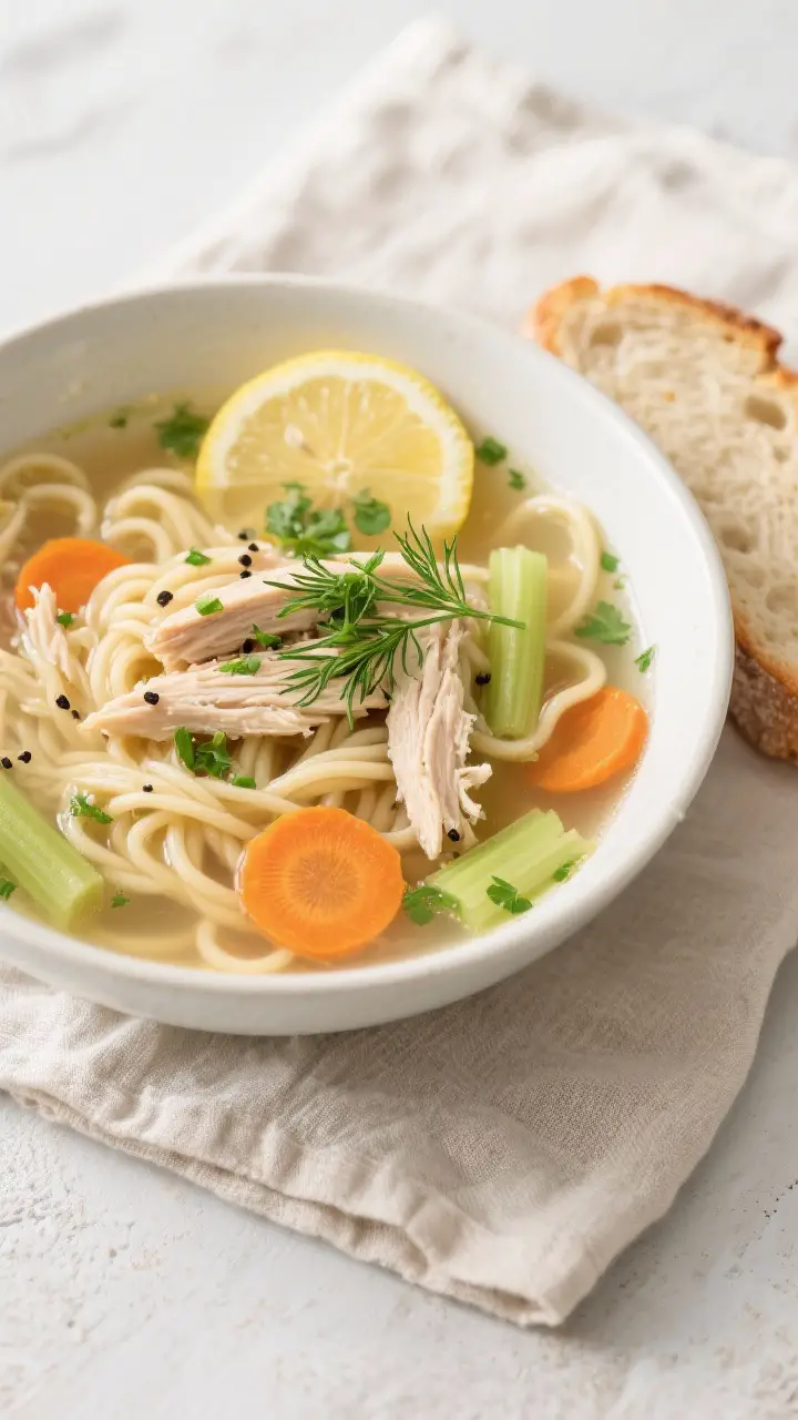 Tasty top view: Overhead shot of a cozy bowl of finished chicken noodle soup on a light linen, noodl