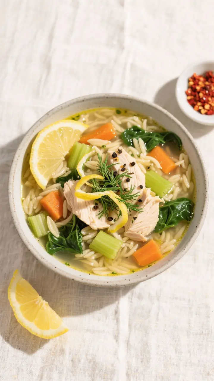 Tasty top view: Overhead shot of a cozy bowl of lemon chicken orzo soup on a light linen, showing a