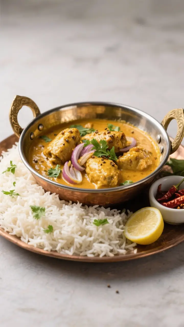 Tasty top view: Overhead shot of a family-style spread—chicken korma in a brass kadhai with a glos