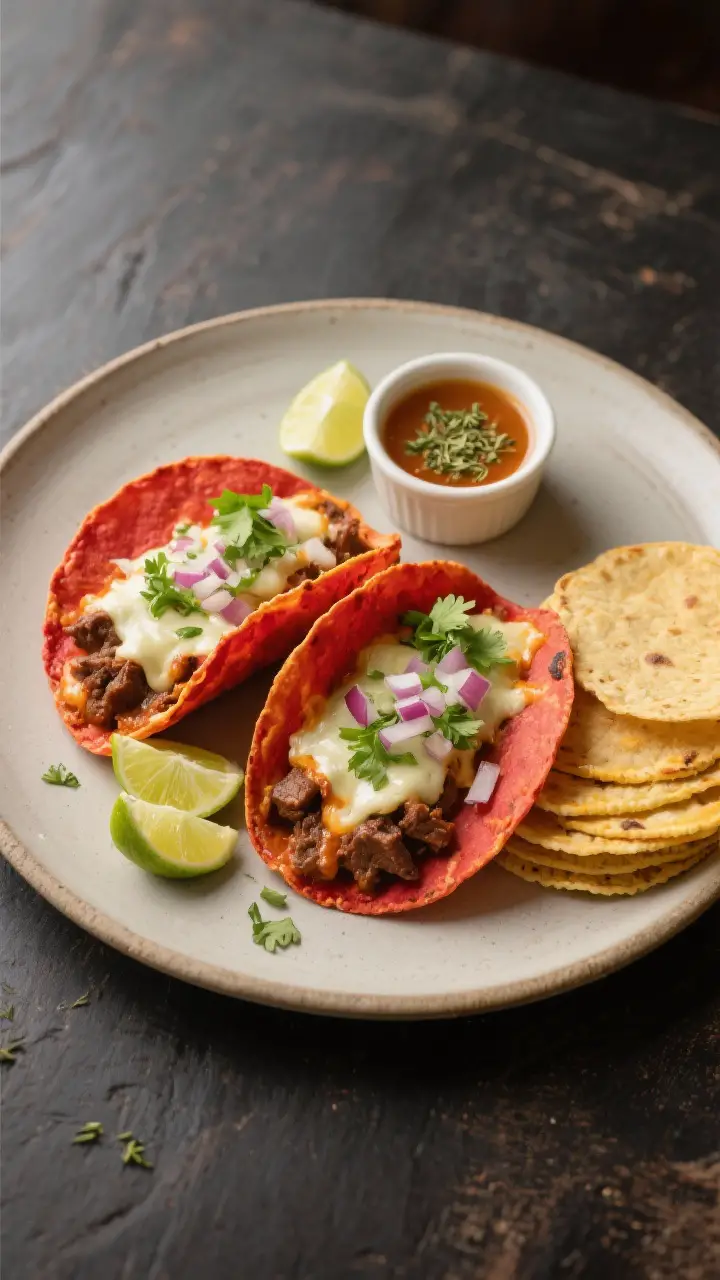 Tasty top view: Overhead shot of a finished birria spread—two crisp quesabirria tacos with golden-