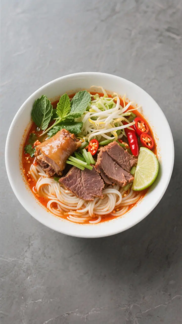 Tasty top view: Overhead shot of a finished bowl of Bun Bo Hue with round rice noodles nestled under
