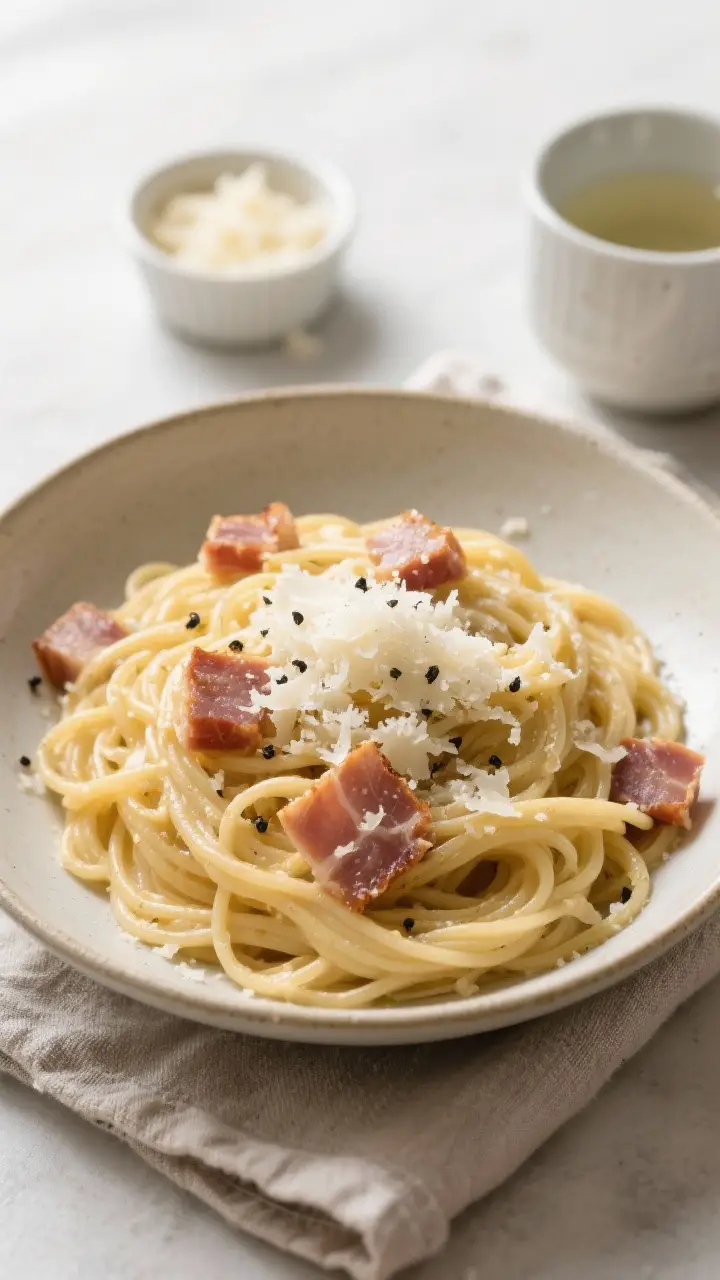 Tasty top view: Overhead shot of a finished bowl of authentic spaghetti carbonara, strands twirled i