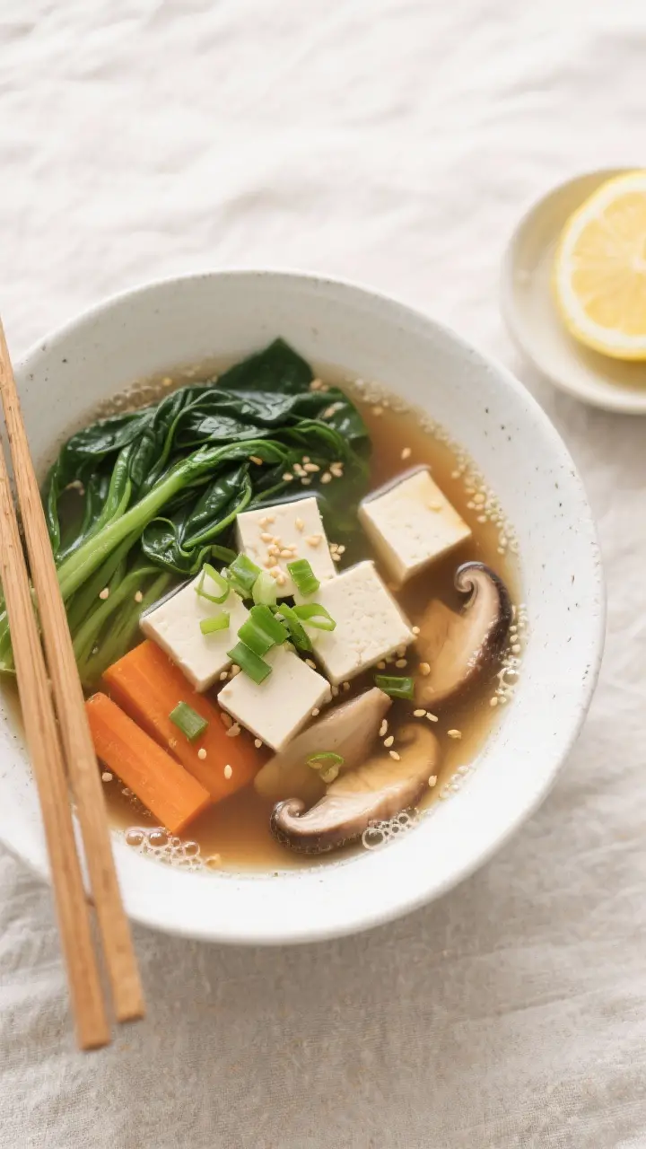 Tasty top view: Overhead shot of a finished bowl of miso vegetable soup in a simple white ceramic bo