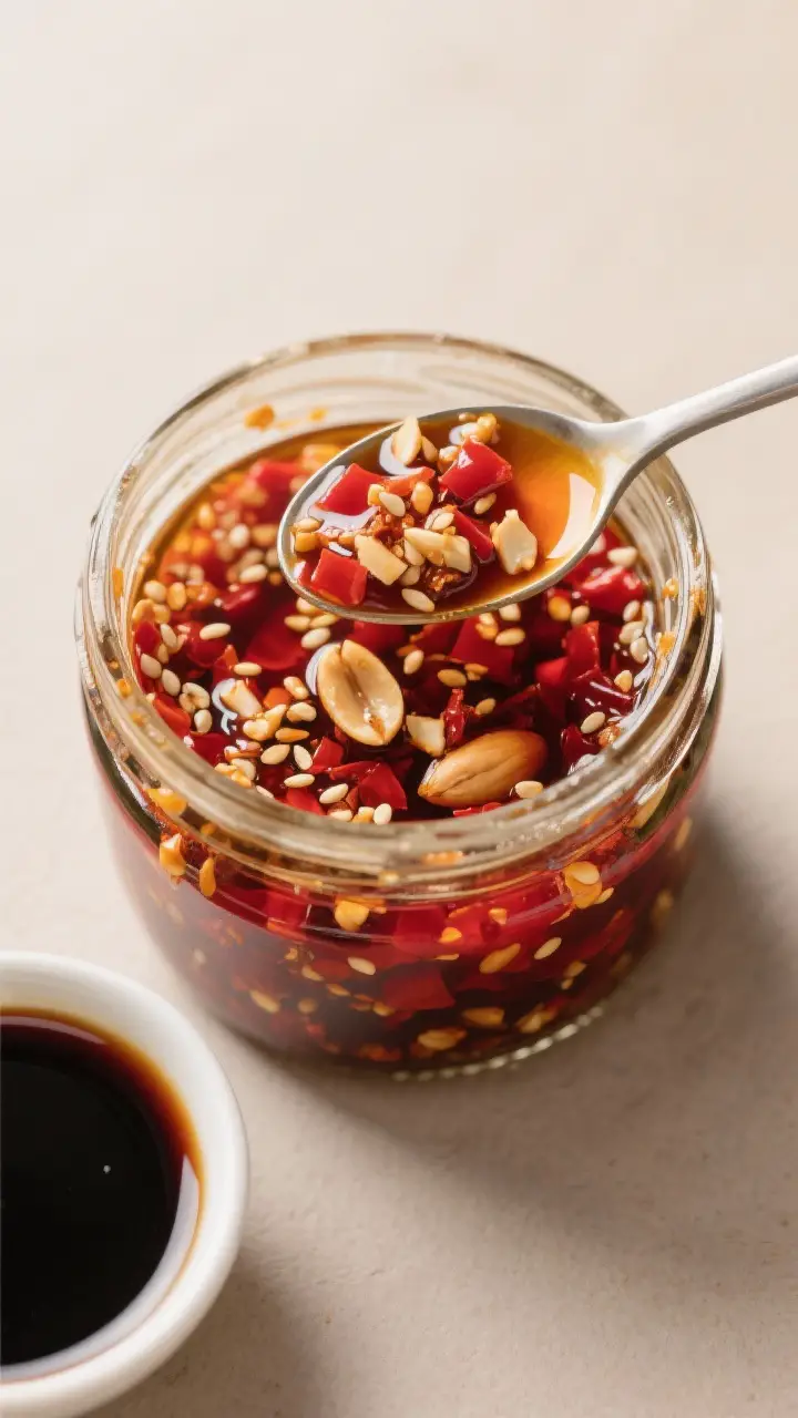 Tasty top view: Overhead shot of a fresh jar of Szechuan-style chili crisp—rich scarlet oil studde
