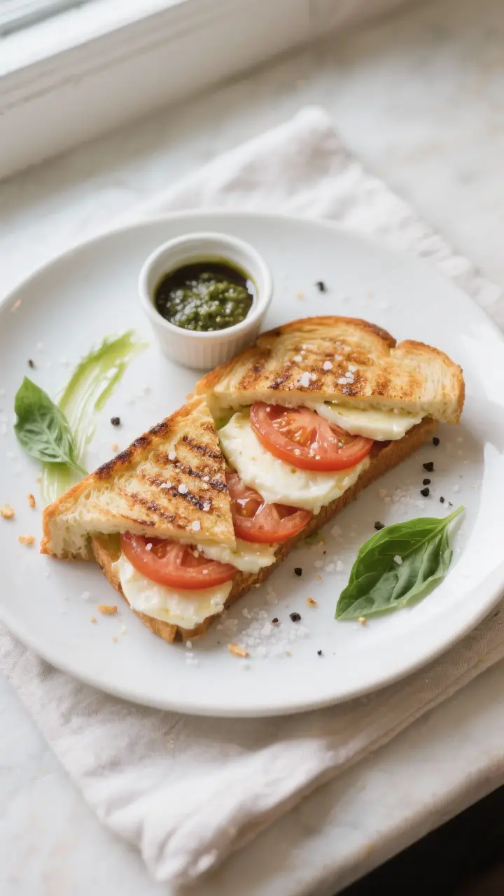 Tasty top view: Overhead shot of a freshly cooked Caprese grilled cheese sliced on the diagonal, arr