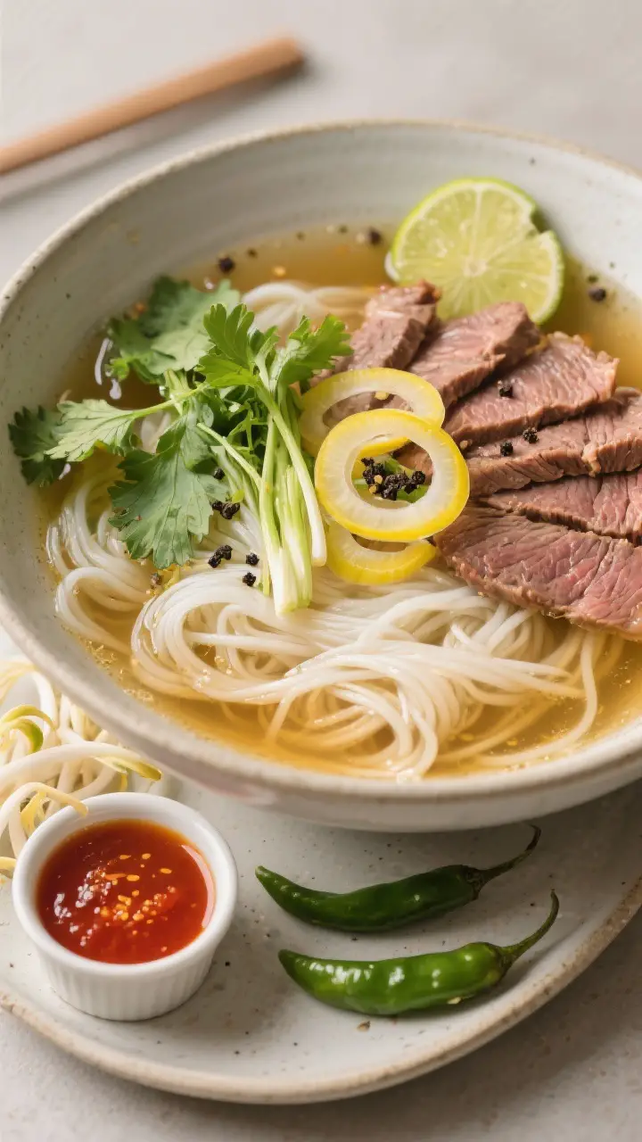 Tasty top view: Overhead shot of a fully assembled pho bo bowl showcasing neat nests of flat rice no