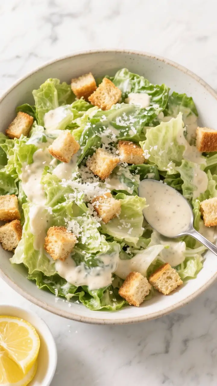 Tasty top view: Overhead shot of a large bowl of Caesar salad mid-assembly—crisp chopped romaine h