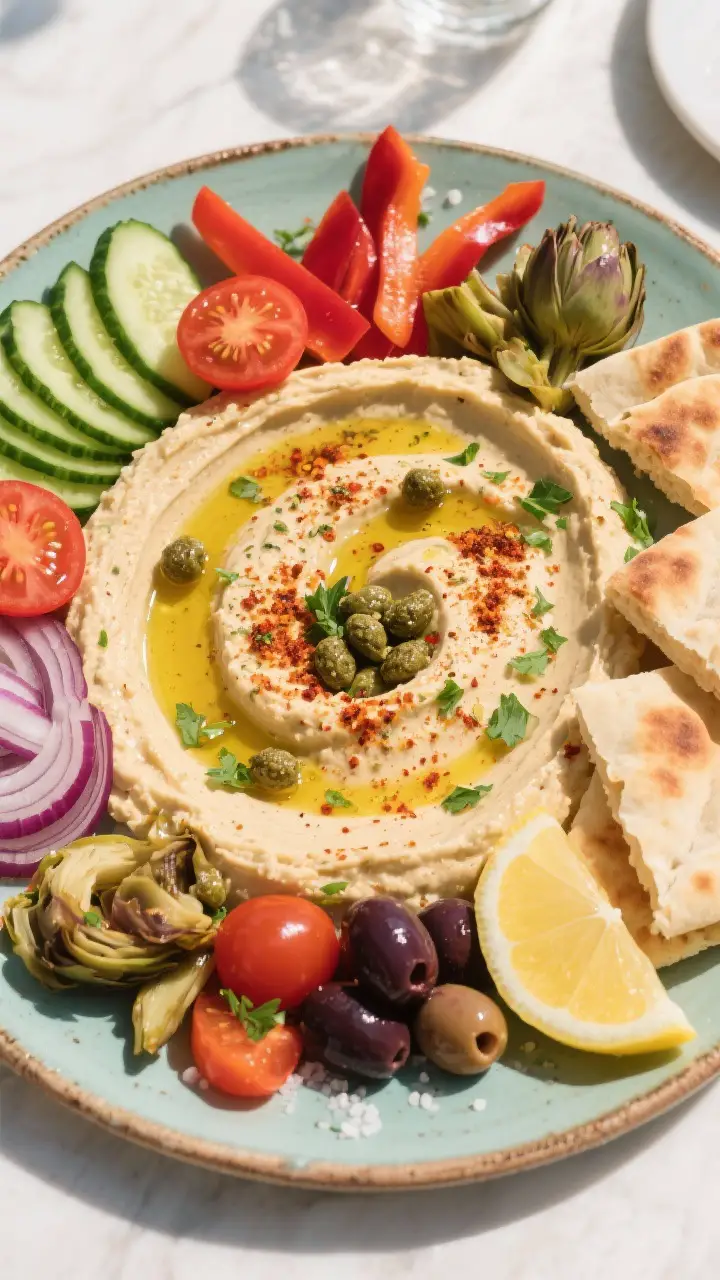 Tasty top view: Overhead shot of a Mediterranean hummus platter assembled on a large, shallow cerami