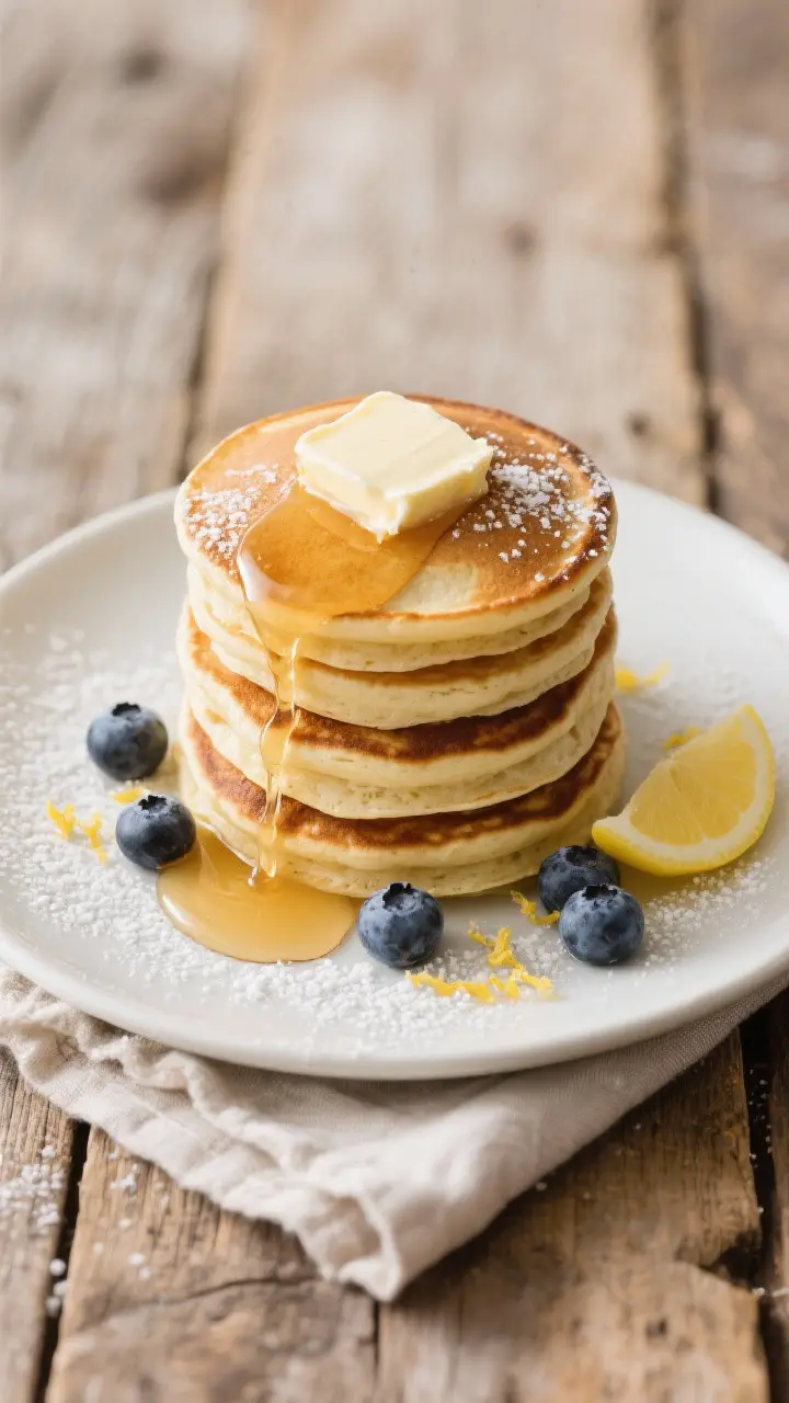 Tasty top view: Overhead shot of a neatly stacked tower of fluffy sourdough discard pancakes on a ma