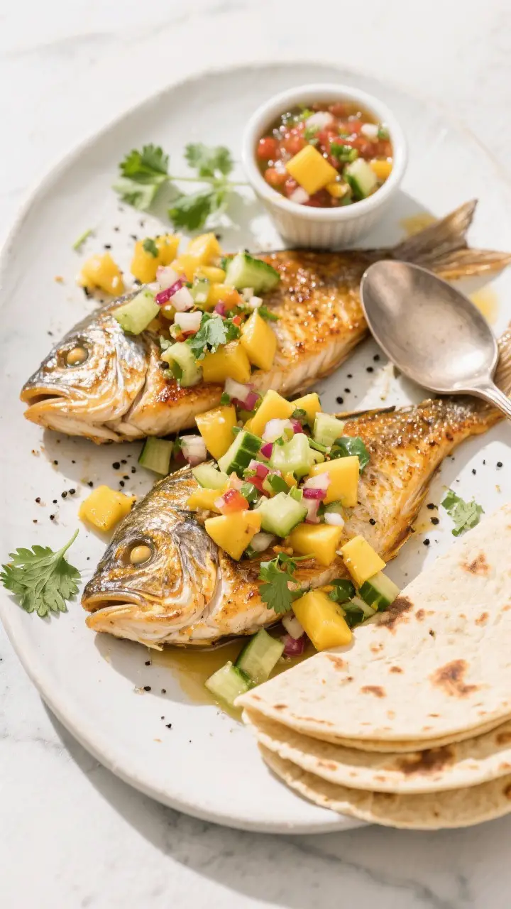 Tasty top view: Overhead shot of a platter-style serving—two tilapia fillets arranged side by side