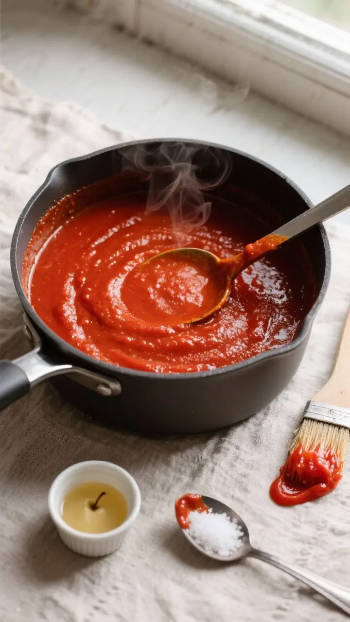 Tasty top view: Overhead shot of a saucepan of finished red enchilada sauce at a gentle simmer, deep