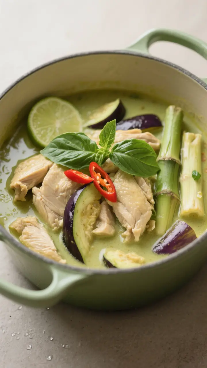 Tasty top view: Overhead shot of a simmering green chicken curry in a Dutch oven, showing tender sli