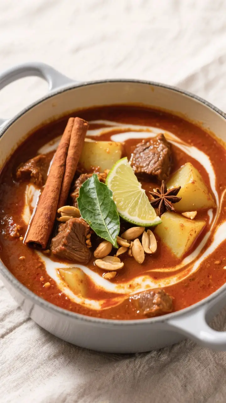 Tasty top view: Overhead shot of a simmering pot of Massaman curry sauce made with coconut milk and