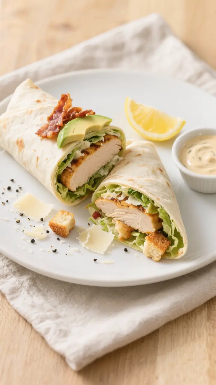 Tasty top view: Overhead shot of a sliced Chicken Caesar Wrap on a matte white plate, halves angled 