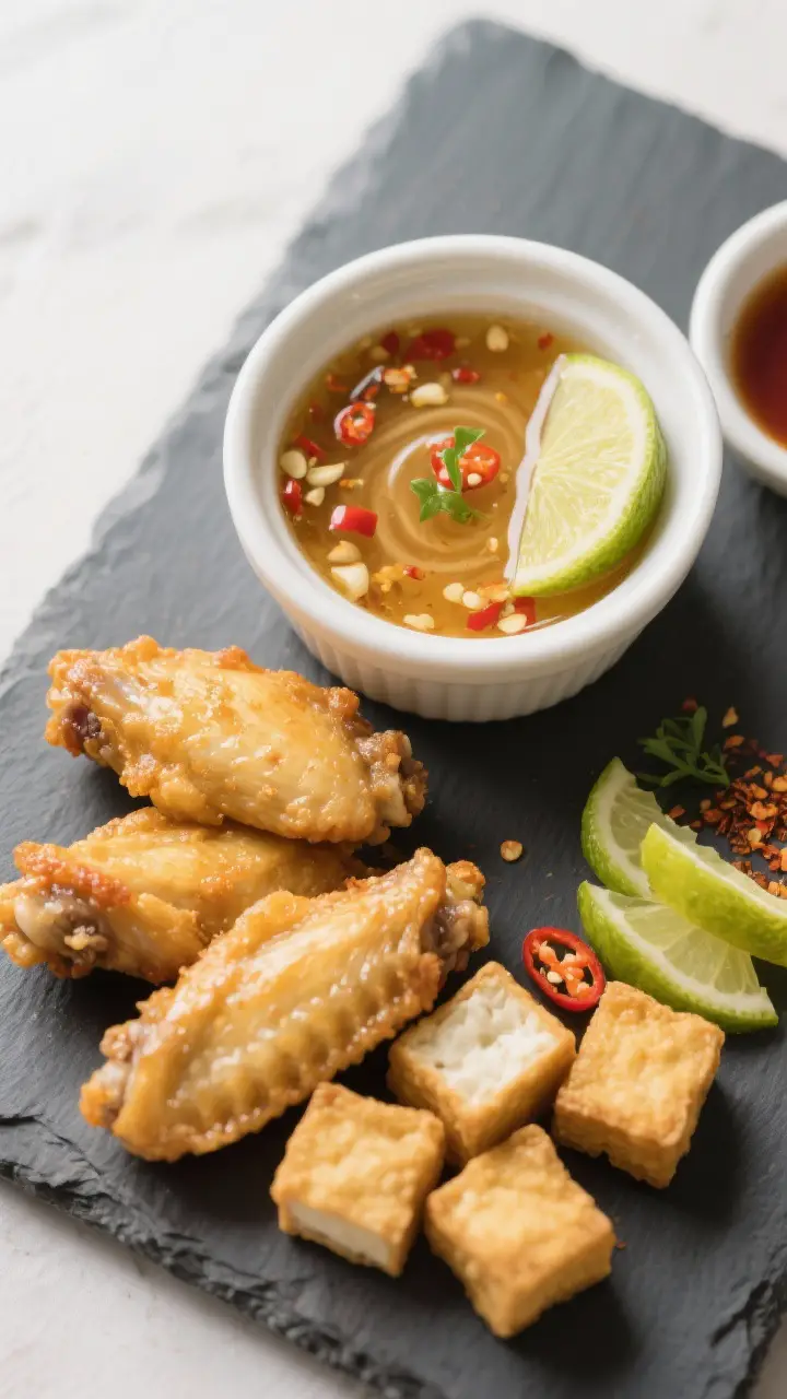 Tasty top view: Overhead shot of a small bowl of homemade Nam Jim Gai used as a dipping sauce for go
