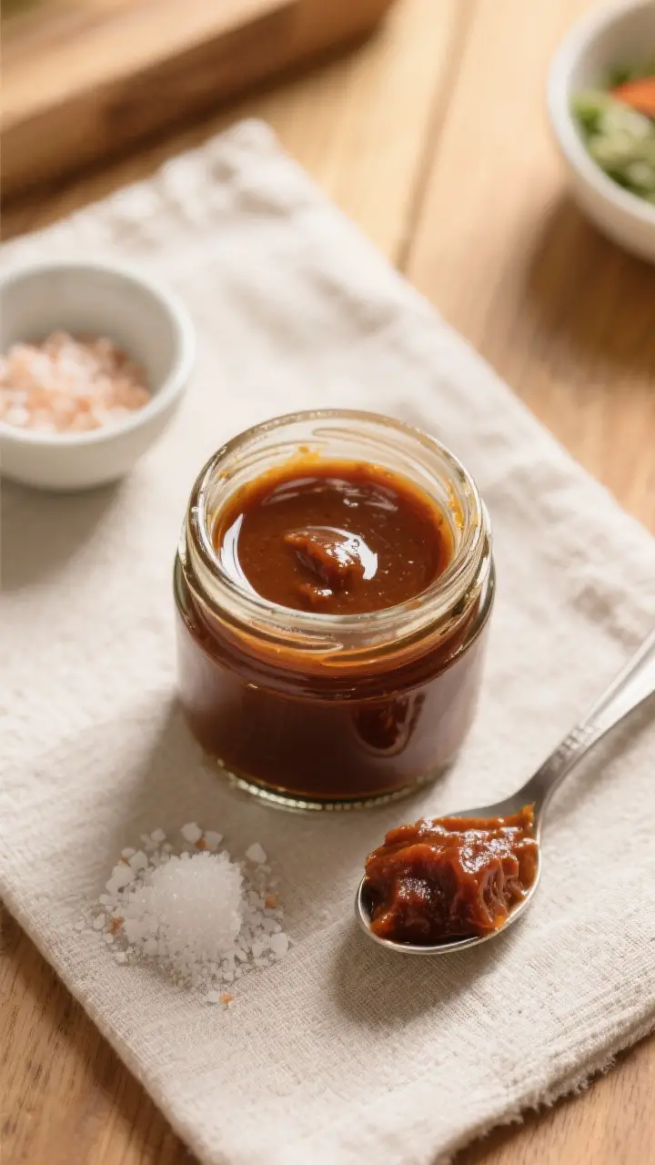 Tasty top view: Overhead shot of a small jar of finished tamarind paste with a thin film of neutral