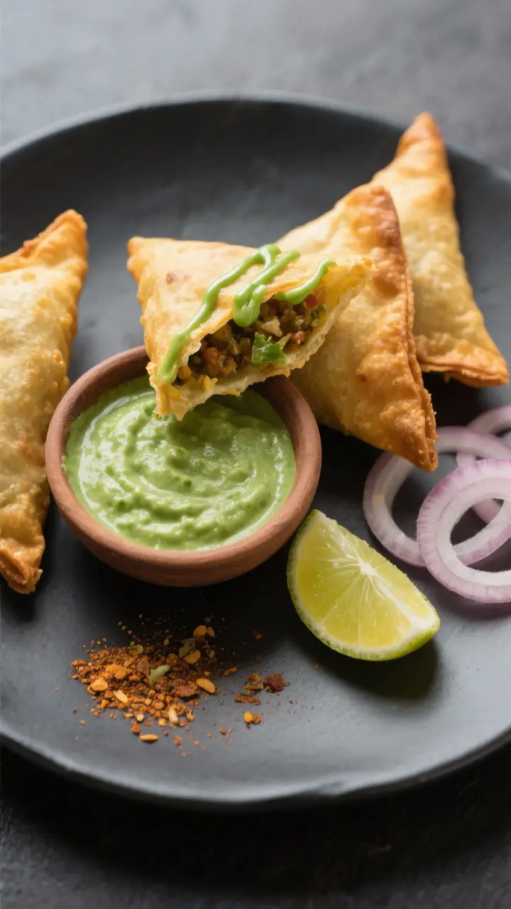 Tasty top view: Overhead shot of a snack plate featuring crispy golden samosas with a generous ramek