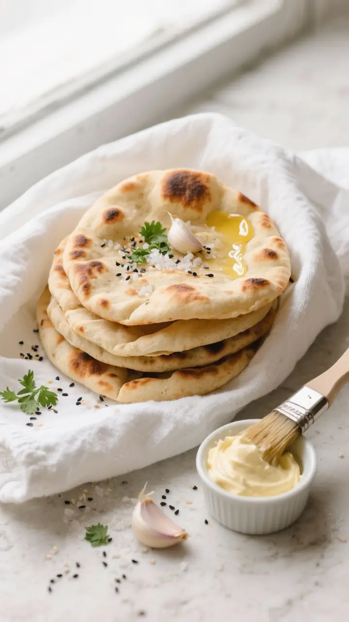 Tasty top view: Overhead shot of a stack of warm garlic naan wrapped in a clean white towel, edges s
