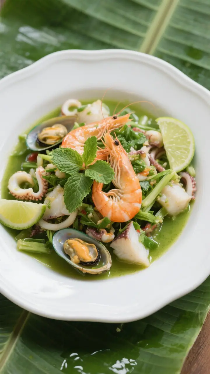 Tasty top view: Overhead shot of a Thai seafood salad tossed with Nam Jim Seafood—plump poached sh