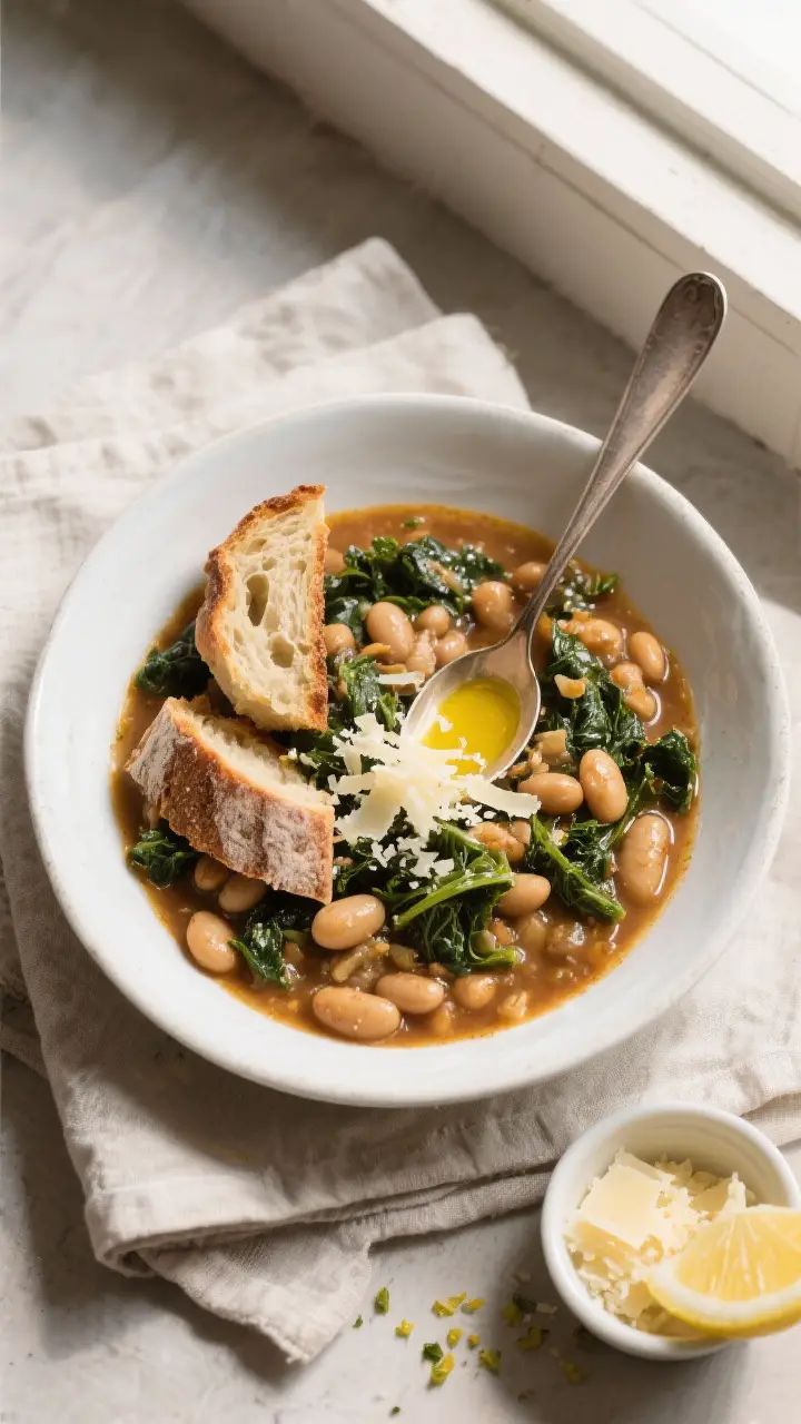 Tasty top view: Overhead shot of a thick, stew-like bowl of ribollita where a spoon can stand up, sh
