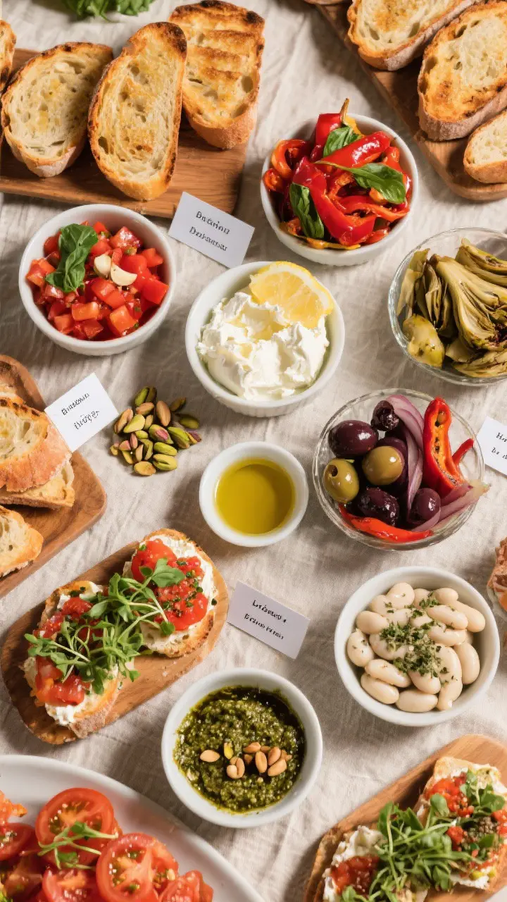 Tasty top view: Overhead shot of a vibrant bruschetta bar spread, fully prepared components only—n