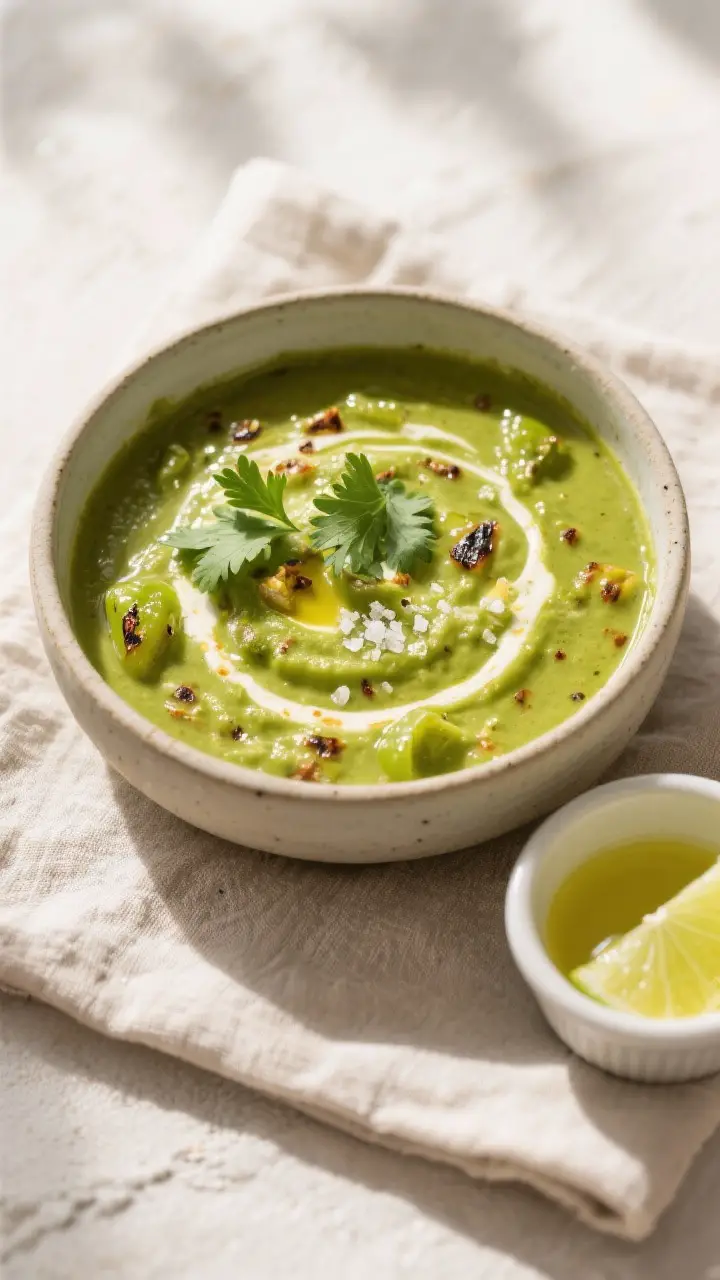 Tasty top view: Overhead shot of a warm bowl of finished green enchilada sauce, silky and pourable,
