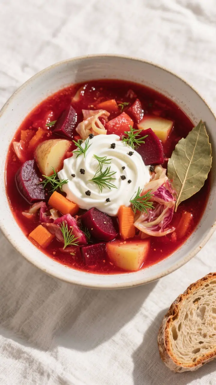 Tasty top view: Overhead shot of a wide bowl of finished borscht, intensely red with evenly distribu