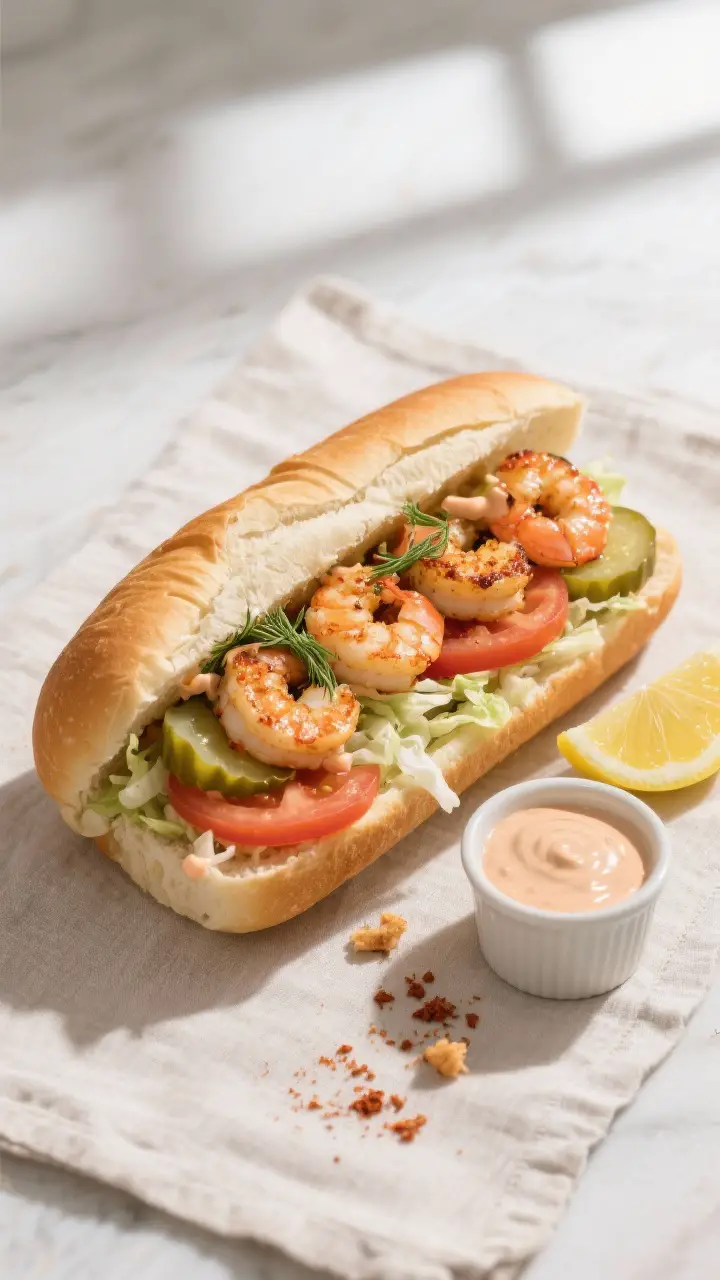 Tasty top view: Overhead shot of an assembled Spicy Shrimp Po’ Boy on a light, lightly toasted New