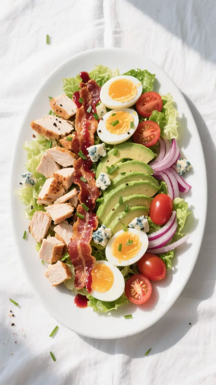 Tasty top view: Overhead shot of assembled Cobb Salad with Avocado on a wide white platter—neat, c